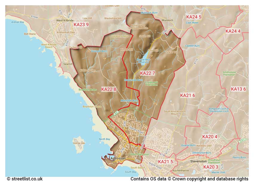 map showing postcode sectors within the KA22 district