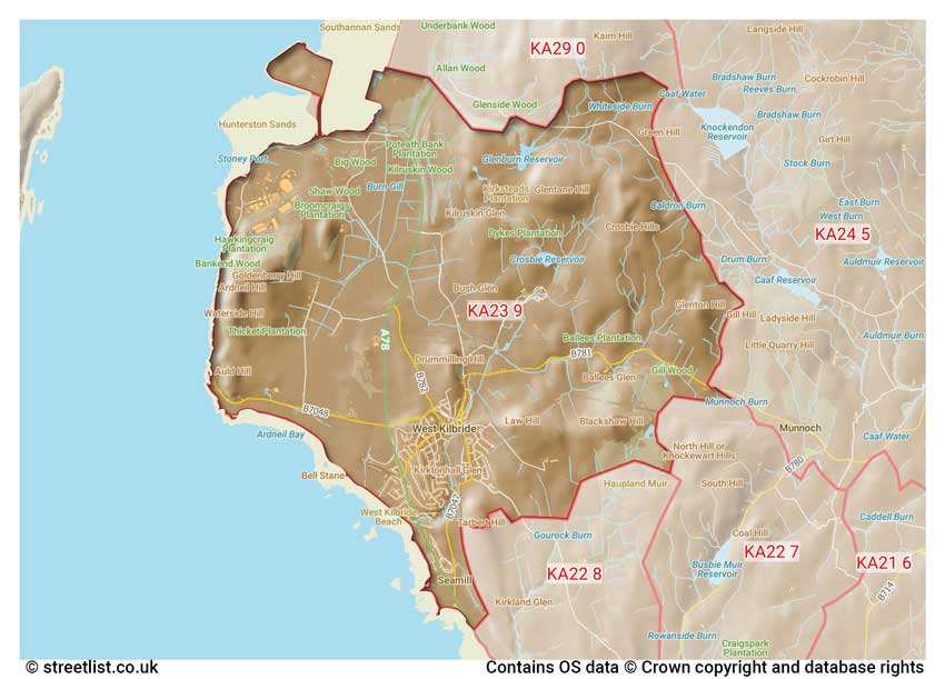 map showing postcode sectors within the KA23 district