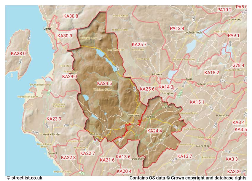 map showing postcode sectors within the KA24 district