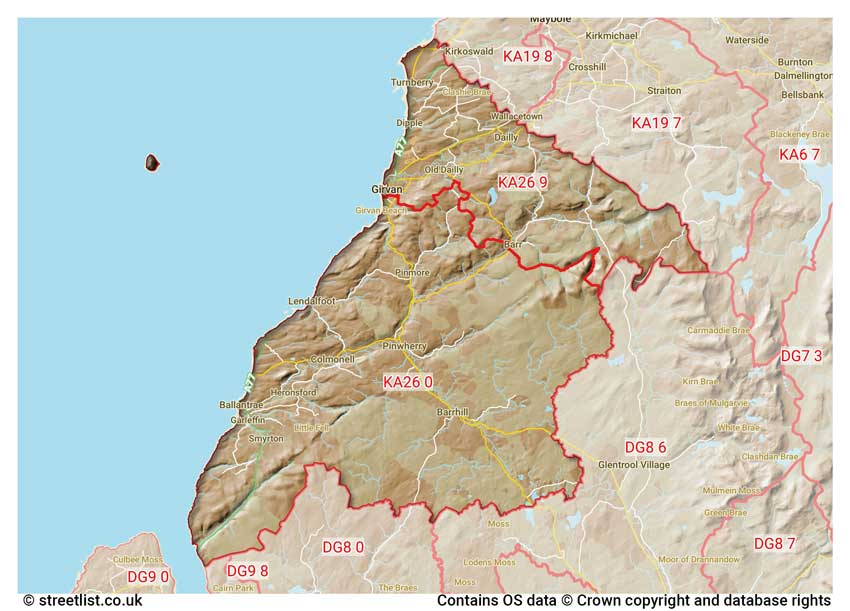 map showing postcode sectors within the KA26 district