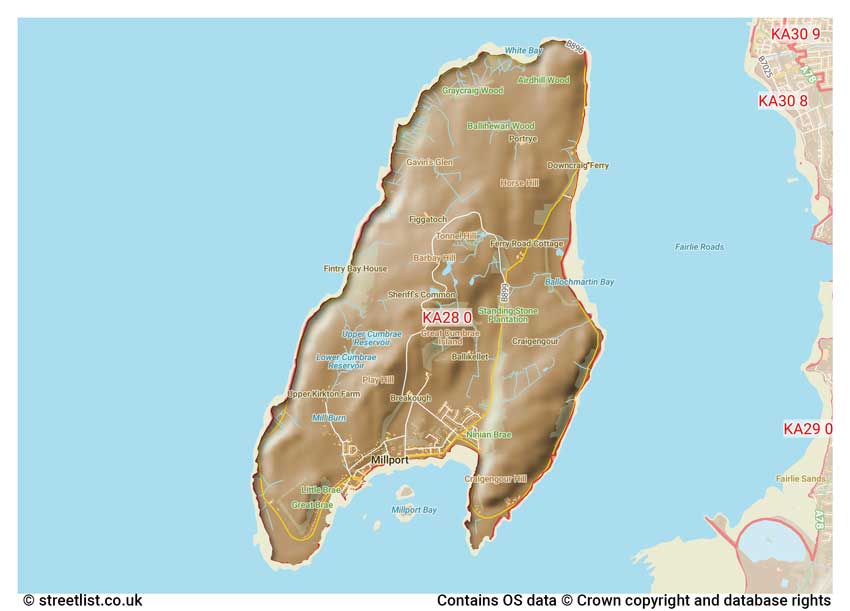 map showing postcode sectors within the KA28 district