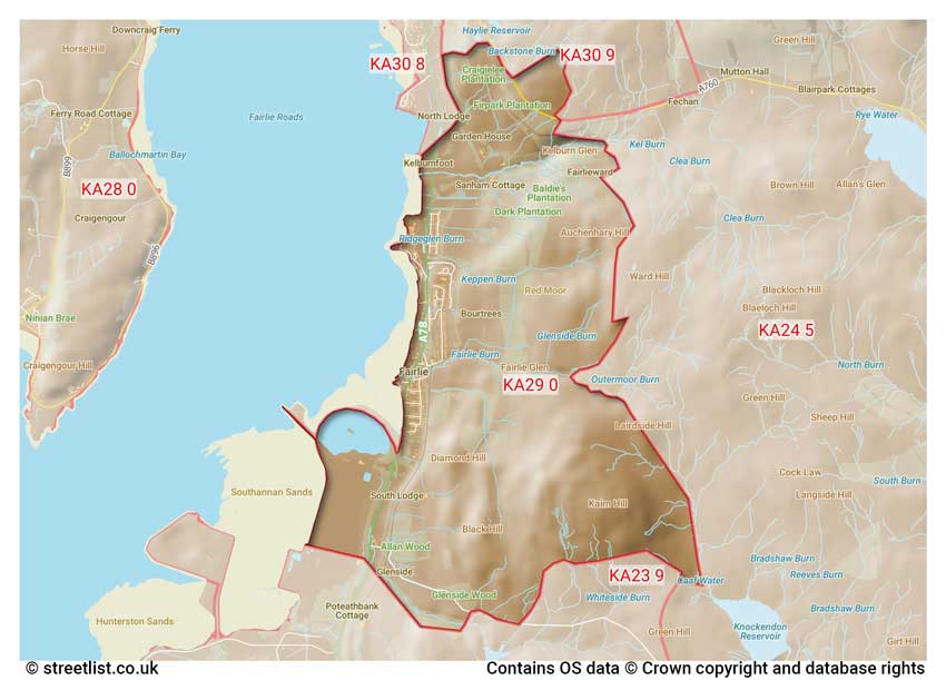 map showing postcode sectors within the KA29 district