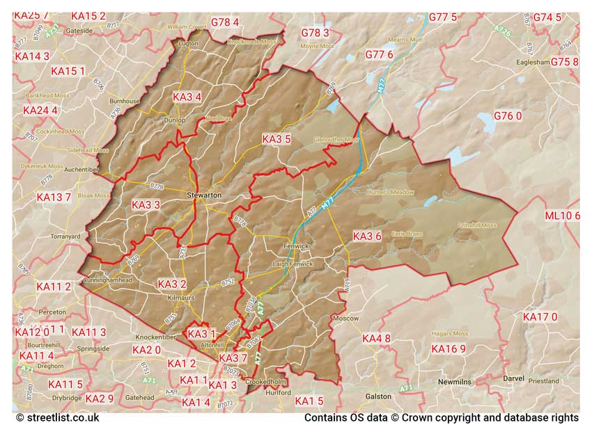 map showing postcode sectors within the KA3 district