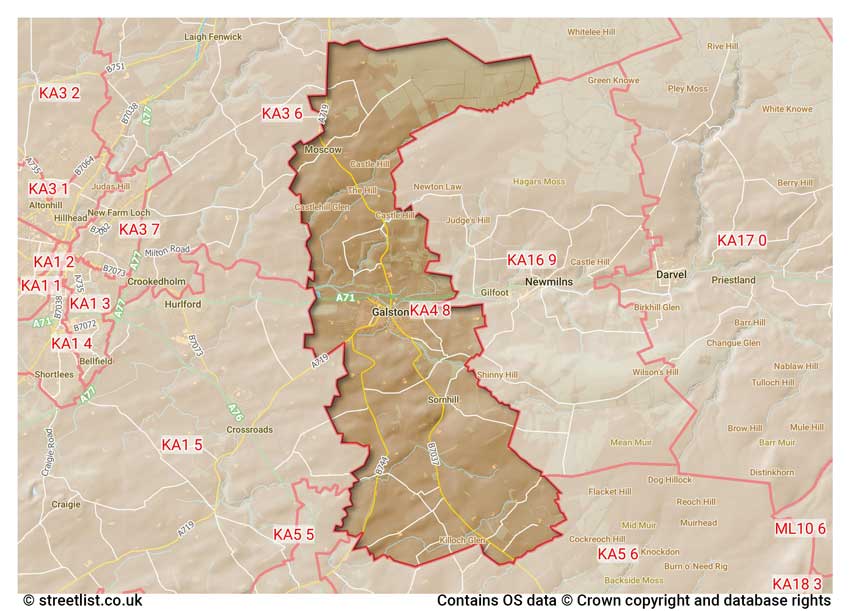 map showing postcode sectors within the KA4 district