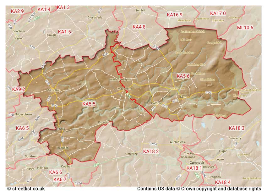 map showing postcode sectors within the KA5 district