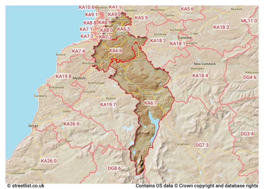 map showing postcode sectors within the KA6 district