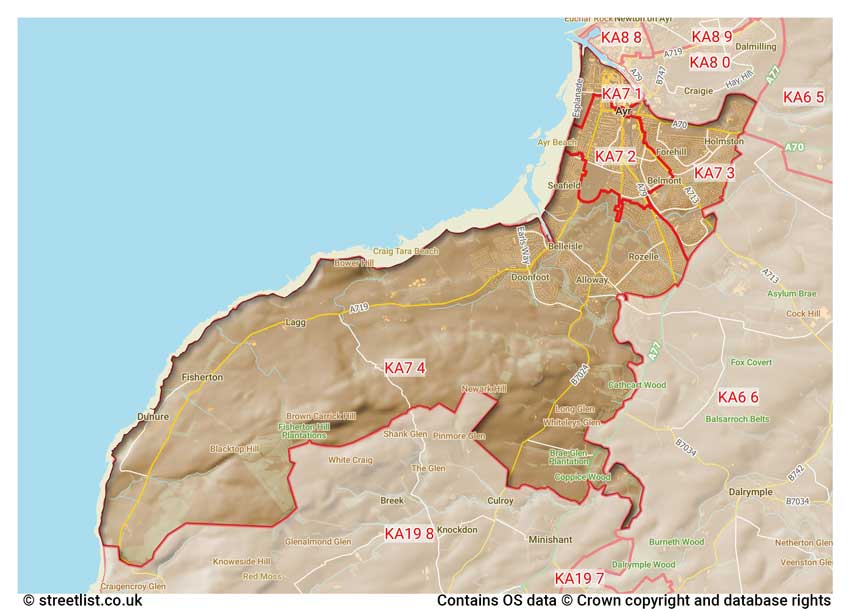 map showing postcode sectors within the KA7 district