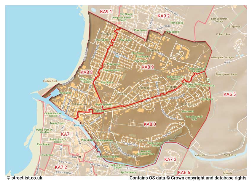 map showing postcode sectors within the KA8 district