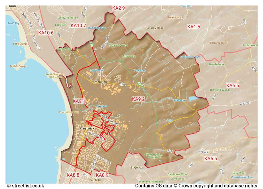 map showing postcode sectors within the KA9 district