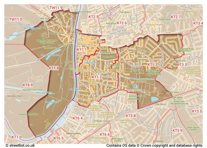 map showing postcode sectors within the KT1 district