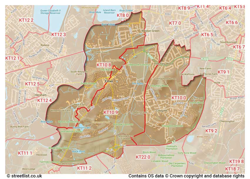 map showing postcode sectors within the KT10 district