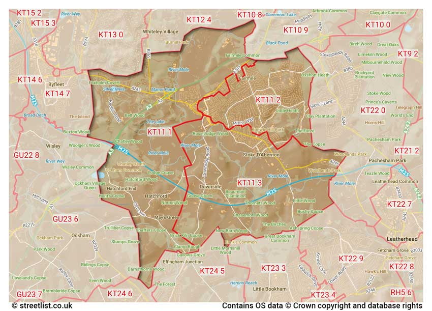 map showing postcode sectors within the KT11 district