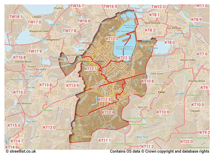 map showing postcode sectors within the KT12 district