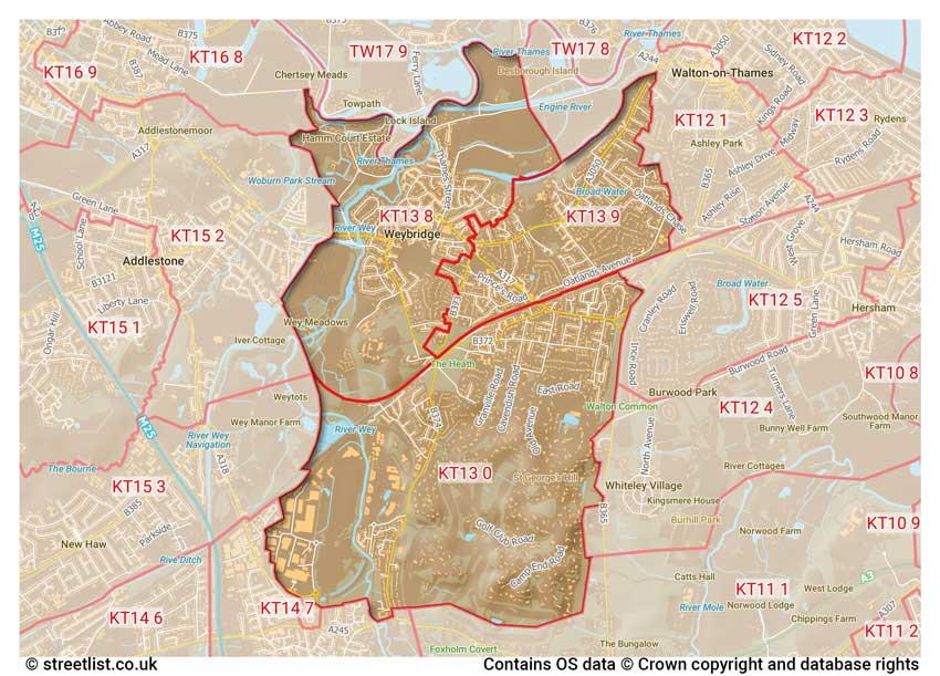 map showing postcode sectors within the KT13 district