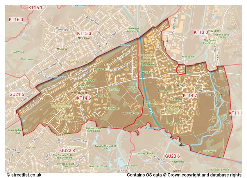 map showing postcode sectors within the KT14 district