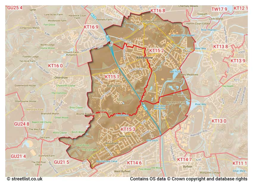 map showing postcode sectors within the KT15 district