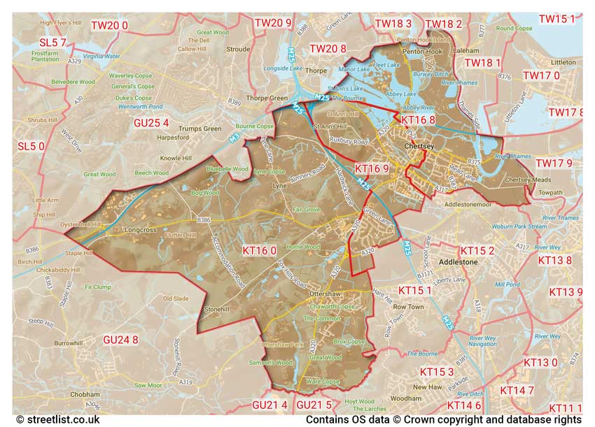 map showing postcode sectors within the KT16 district