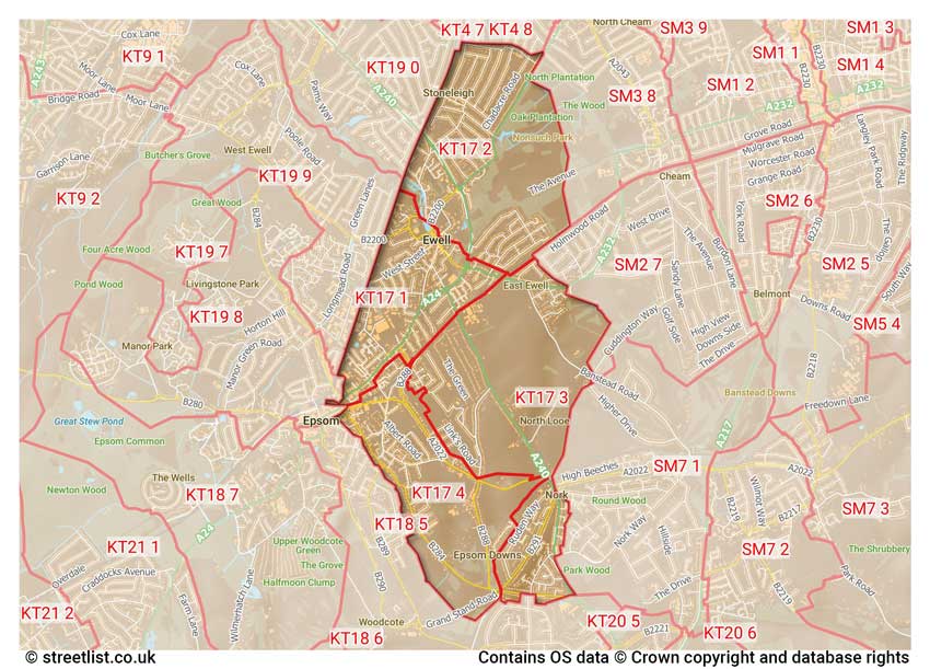 map showing postcode sectors within the KT17 district