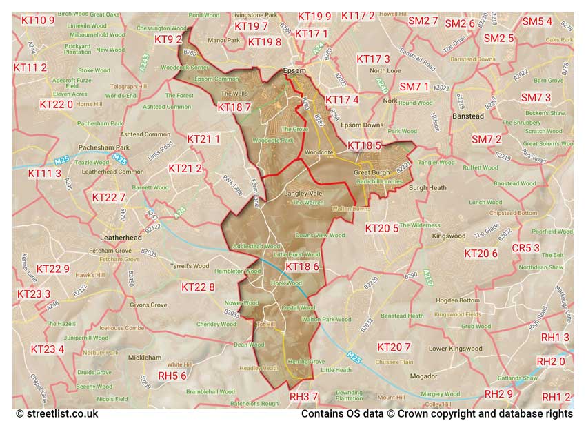 map showing postcode sectors within the KT18 district