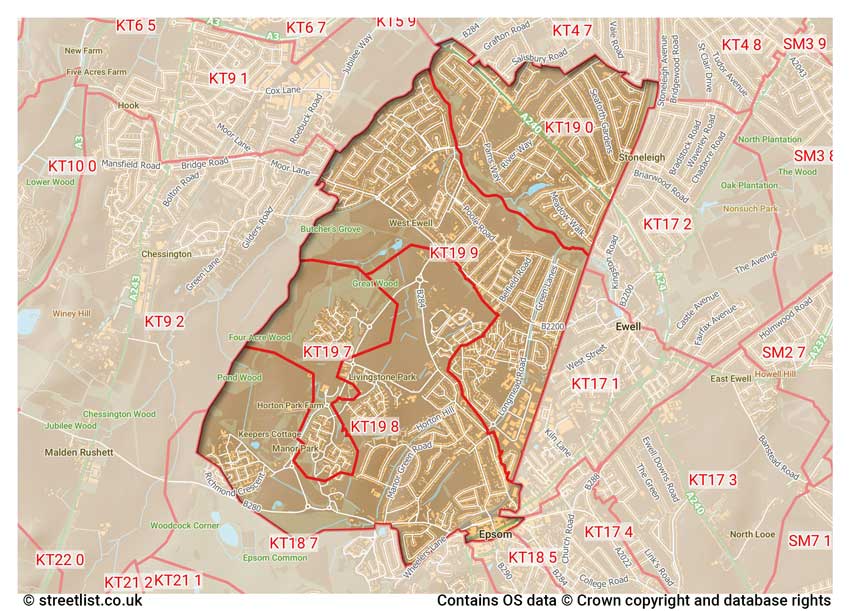 map showing postcode sectors within the KT19 district