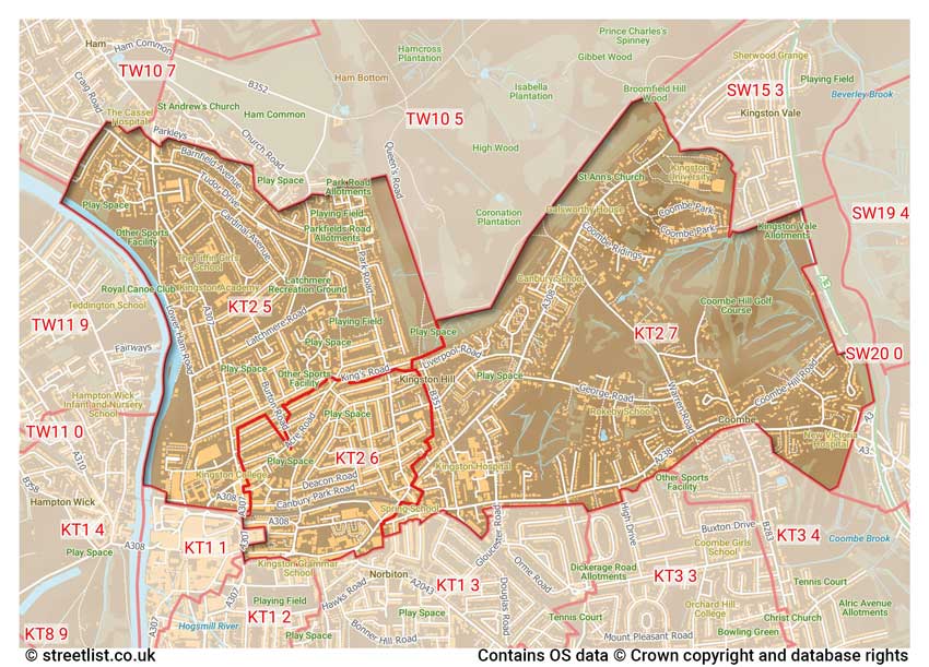 map showing postcode sectors within the KT2 district