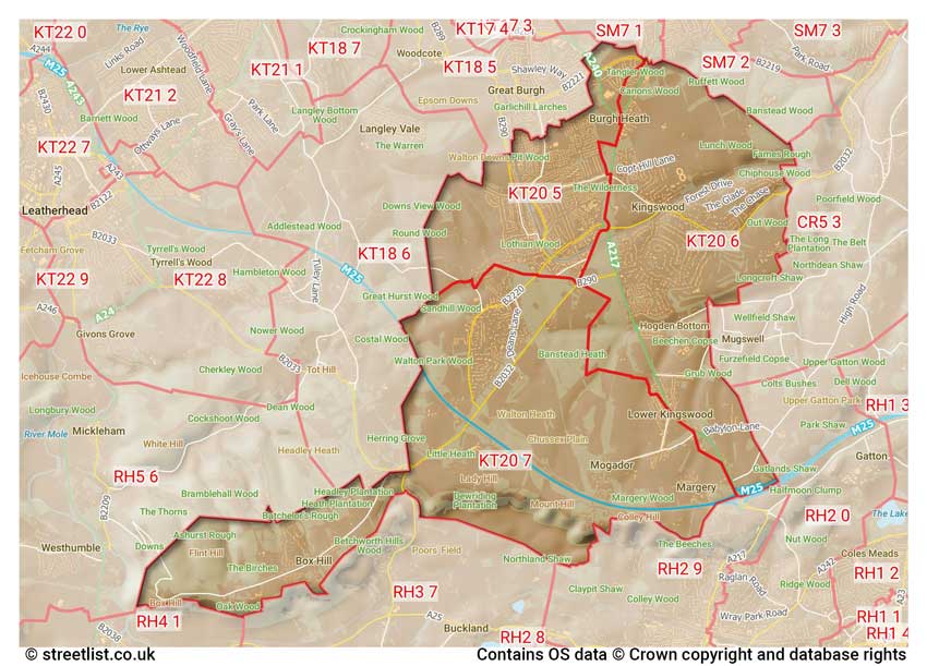 map showing postcode sectors within the KT20 district