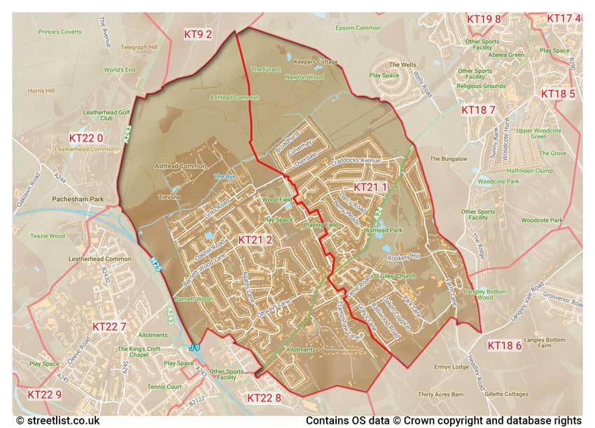 map showing postcode sectors within the KT21 district