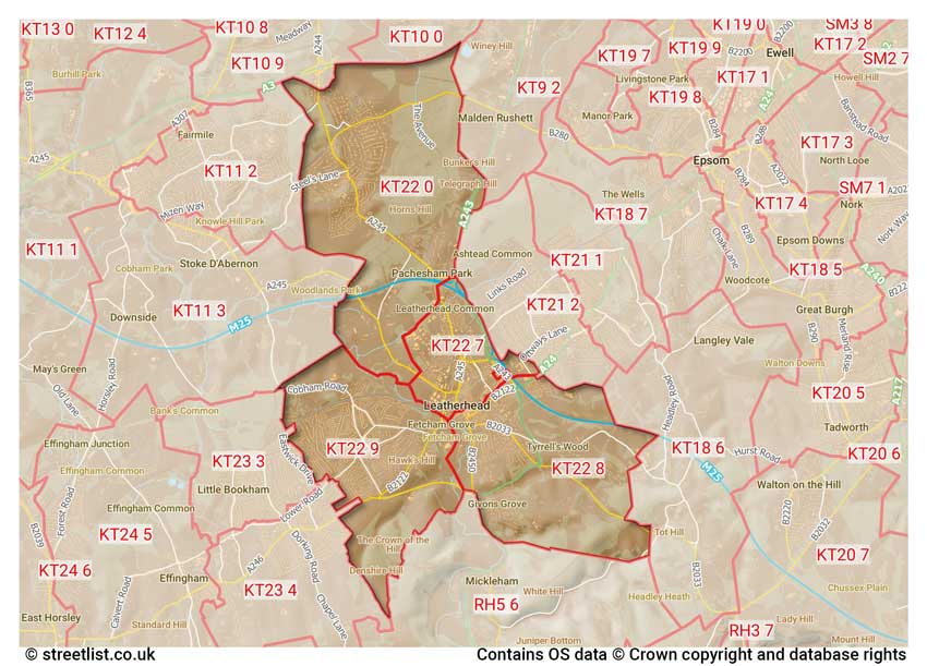 map showing postcode sectors within the KT22 district