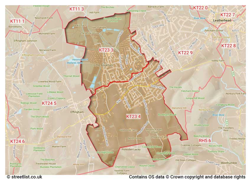 map showing postcode sectors within the KT23 district