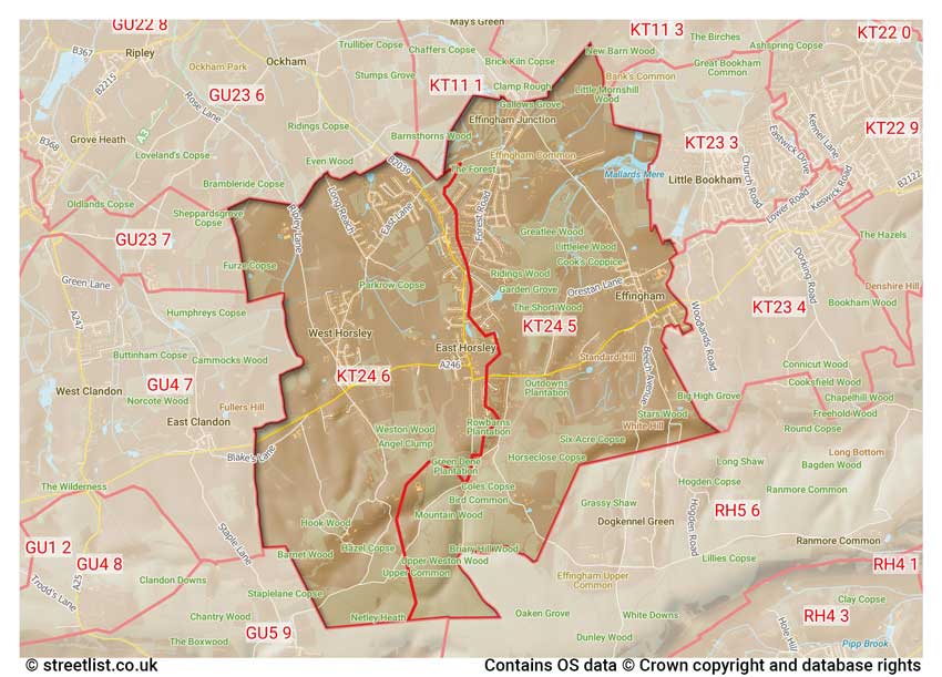 map showing postcode sectors within the KT24 district