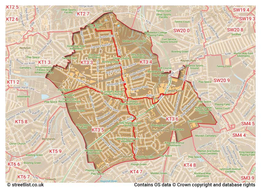 map showing postcode sectors within the KT3 district