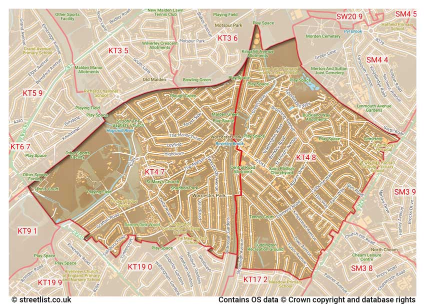 map showing postcode sectors within the KT4 district