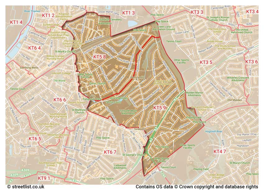 map showing postcode sectors within the KT5 district