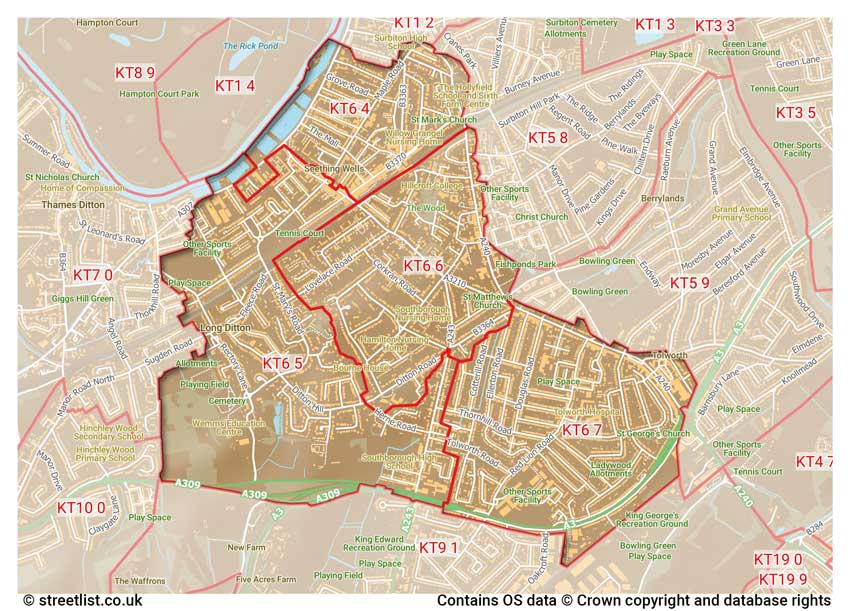 map showing postcode sectors within the KT6 district