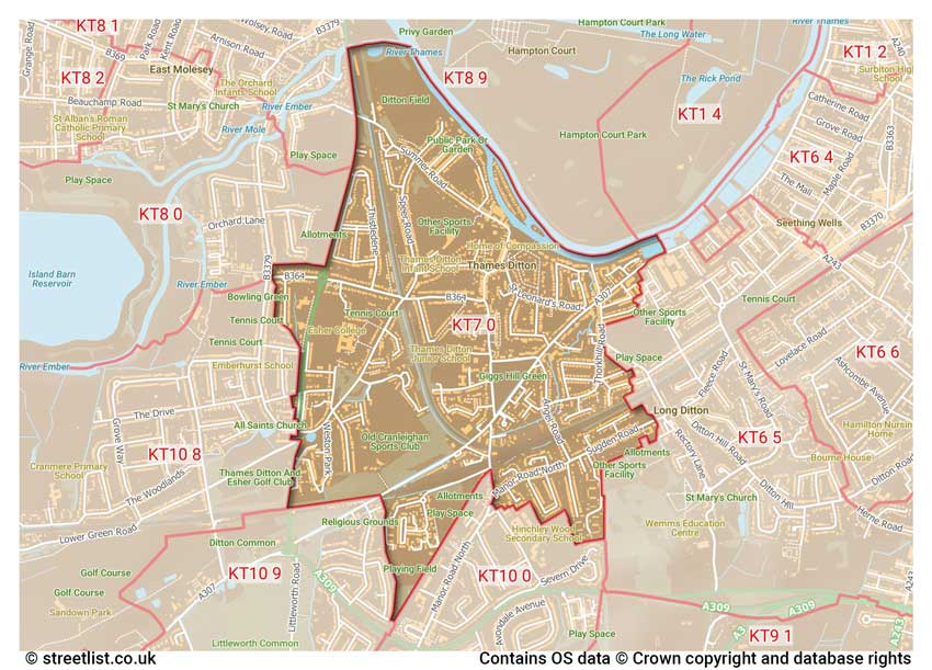 map showing postcode sectors within the KT7 district