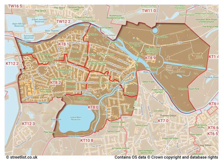 map showing postcode sectors within the KT8 district