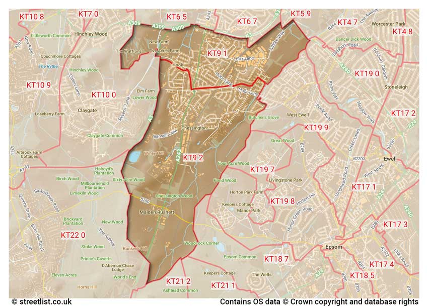 map showing postcode sectors within the KT9 district