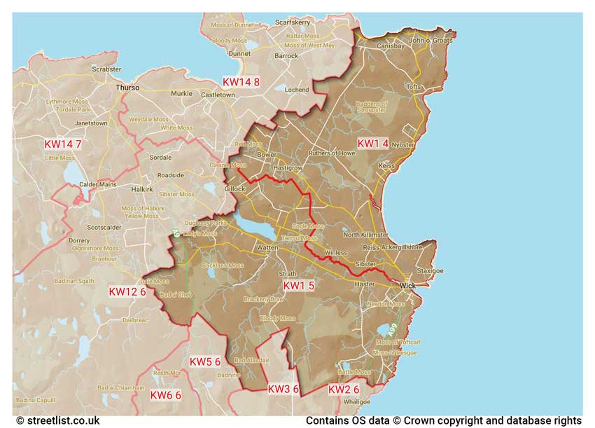 map showing postcode sectors within the KW1 district