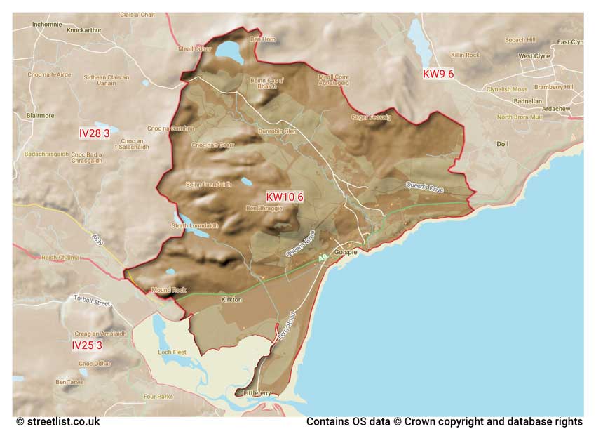 map showing postcode sectors within the KW10 district