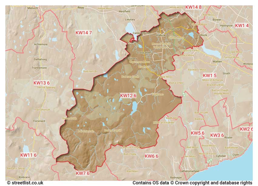 map showing postcode sectors within the KW12 district