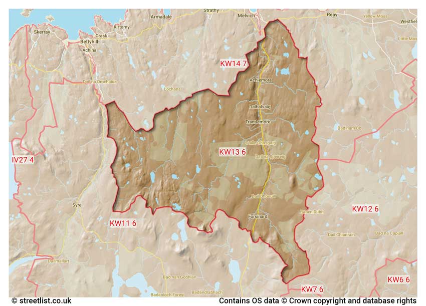 map showing postcode sectors within the KW13 district