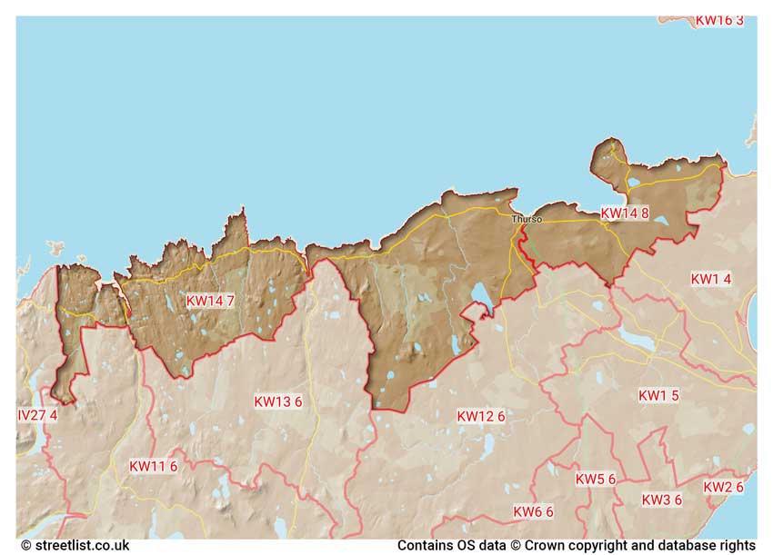 map showing postcode sectors within the KW14 district