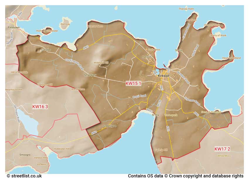 map showing postcode sectors within the KW15 district