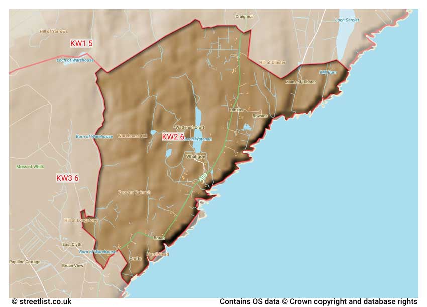 map showing postcode sectors within the KW2 district