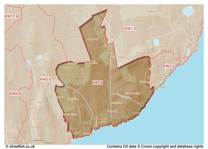 map showing postcode sectors within the KW3 district