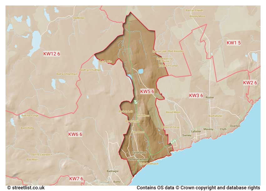 map showing postcode sectors within the KW5 district