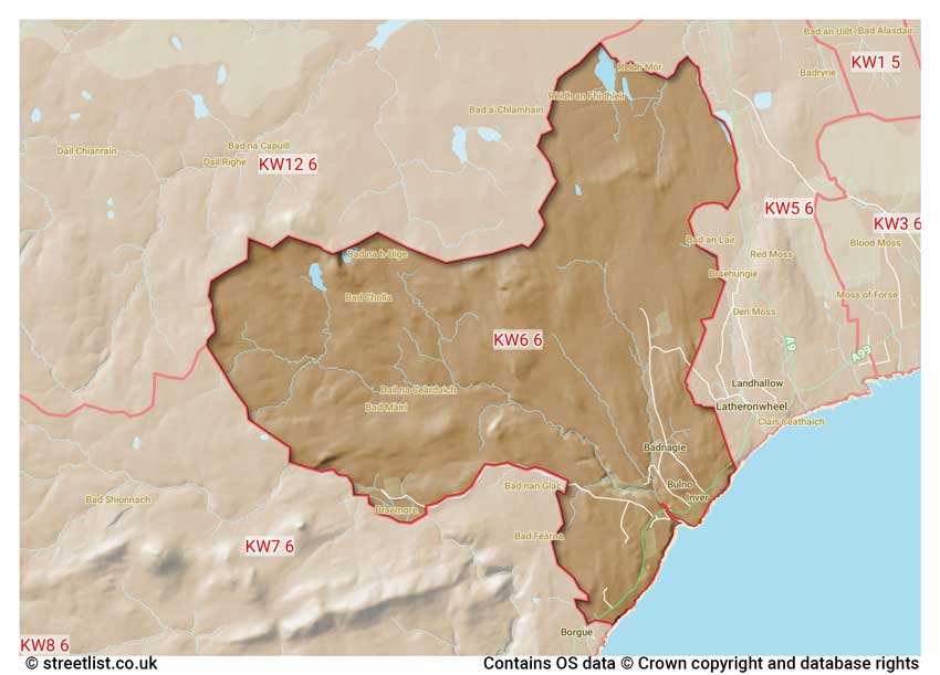 map showing postcode sectors within the KW6 district