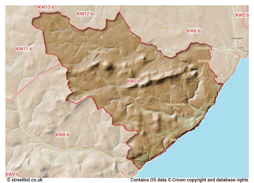 map showing postcode sectors within the KW7 district