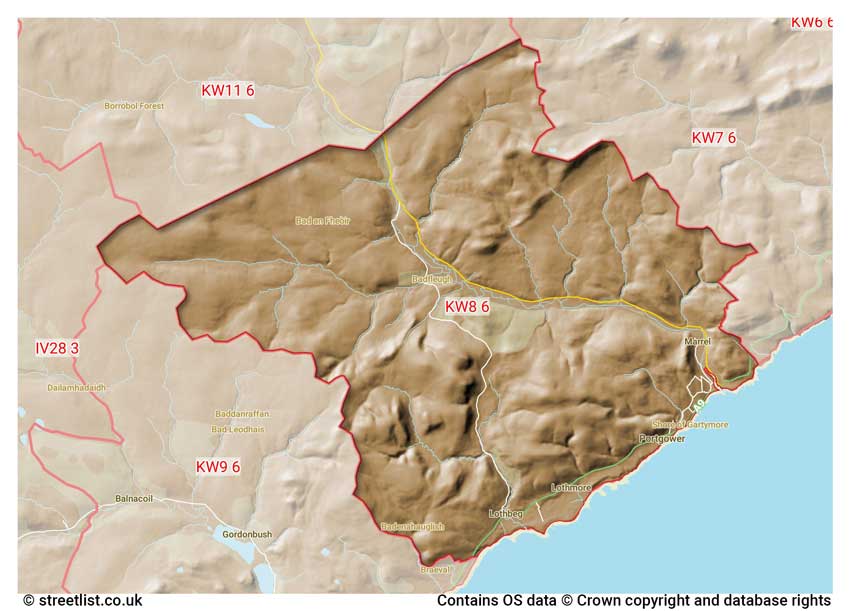 map showing postcode sectors within the KW8 district