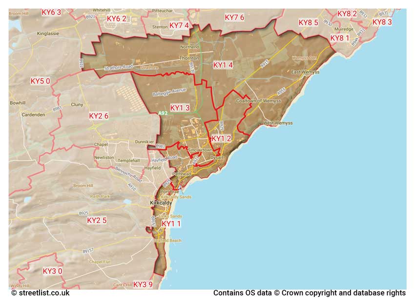 map showing postcode sectors within the KY1 district